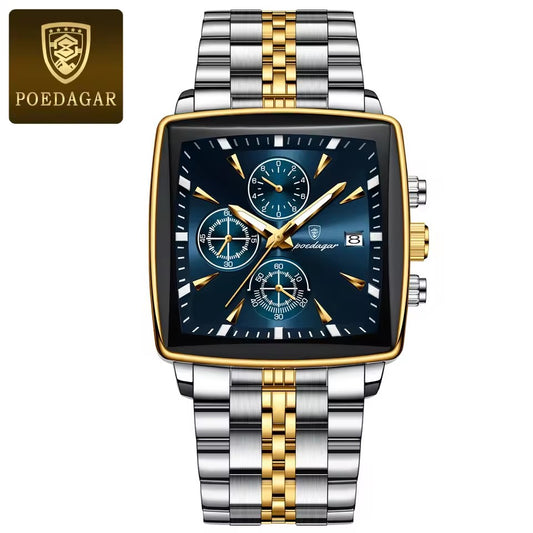 POEDAGAR 866- Golden Blue | Luxury Square Chronograph Men’s Watch