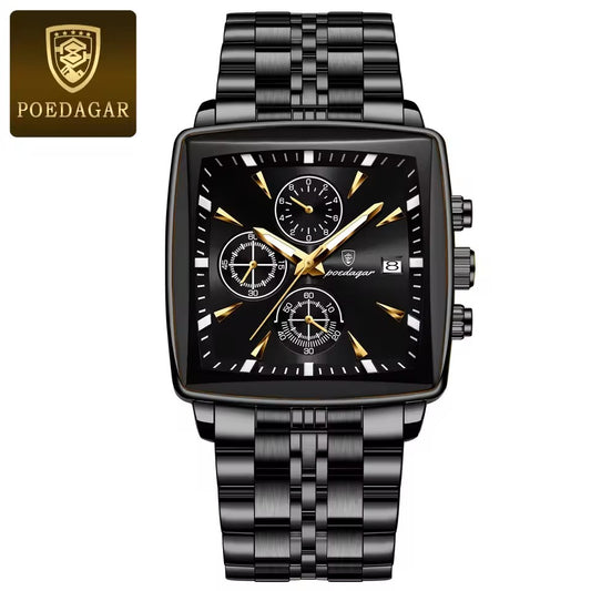 POEDAGAR 866- Black| Luxury Square Chronograph Men’s Watch