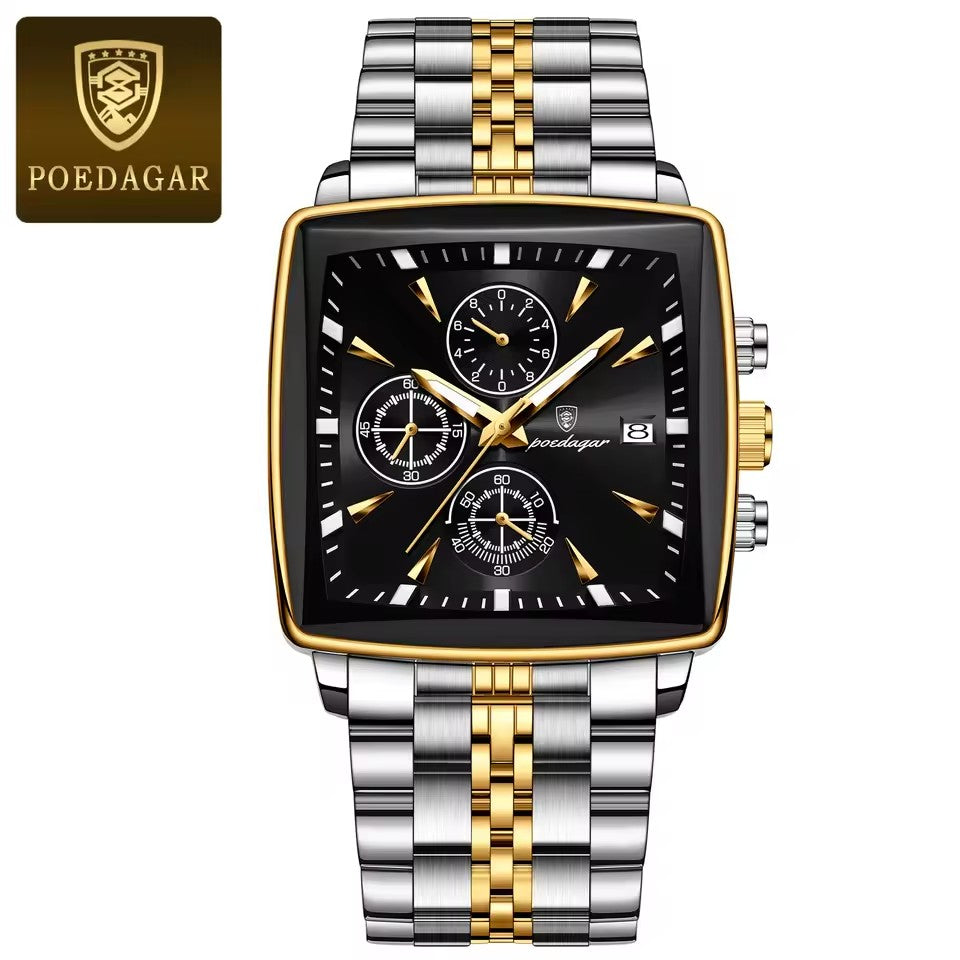 POEDAGAR 866- Gold Black| Luxury Square Chronograph Men’s Watch