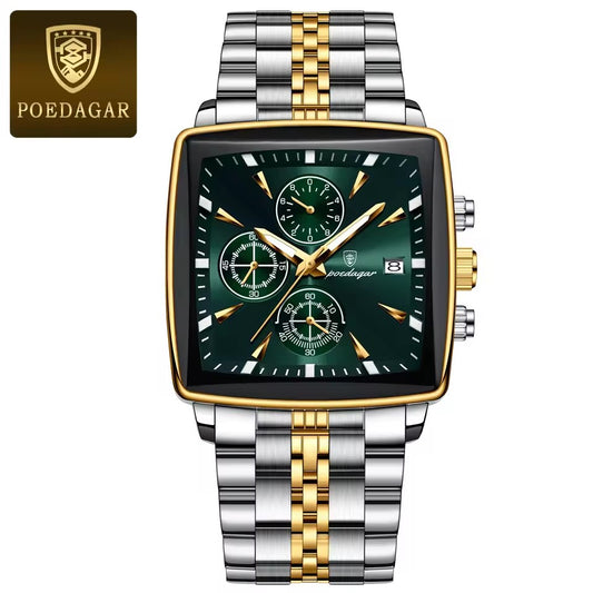 POEDAGAR 866- Golden Green | Luxury Square Chronograph Men’s Watch
