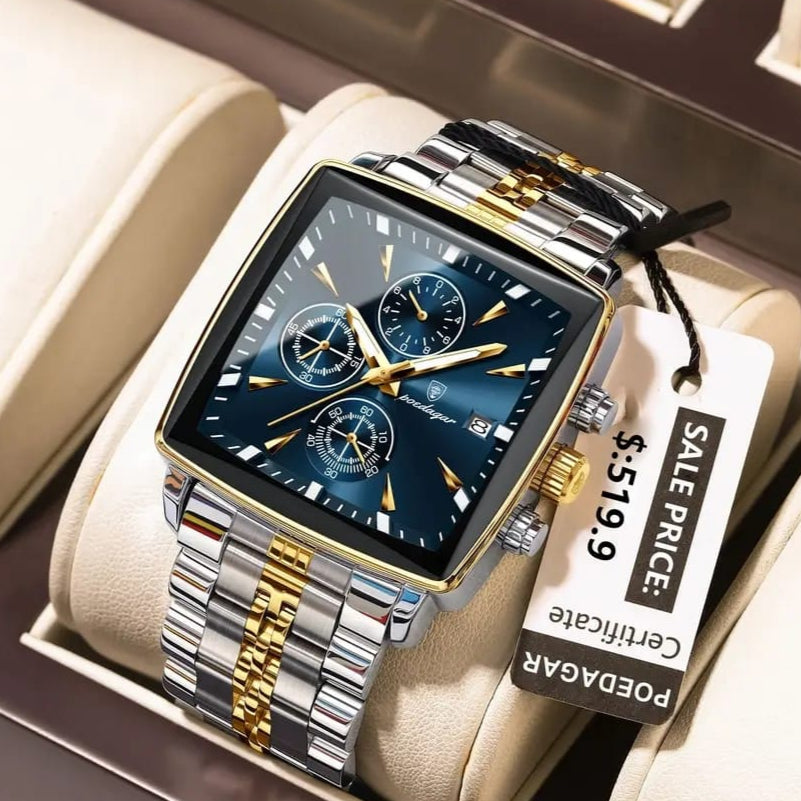 POEDAGAR 866- Golden Blue | Luxury Square Chronograph Men’s Watch