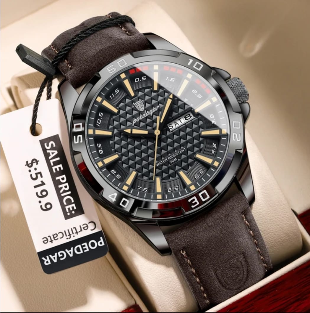 Poedagar 895 Chocolate Brown Men’s Luxury Leather Watch – Stylish, Waterproof & Premium Watch