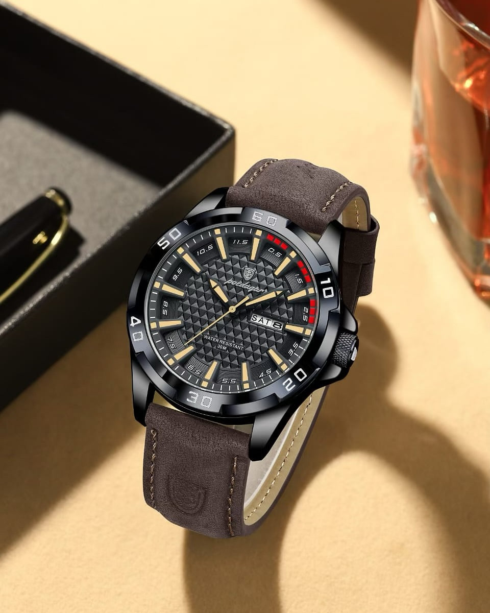 Poedagar 895 Chocolate Brown Men’s Luxury Leather Watch – Stylish, Waterproof & Premium Watch