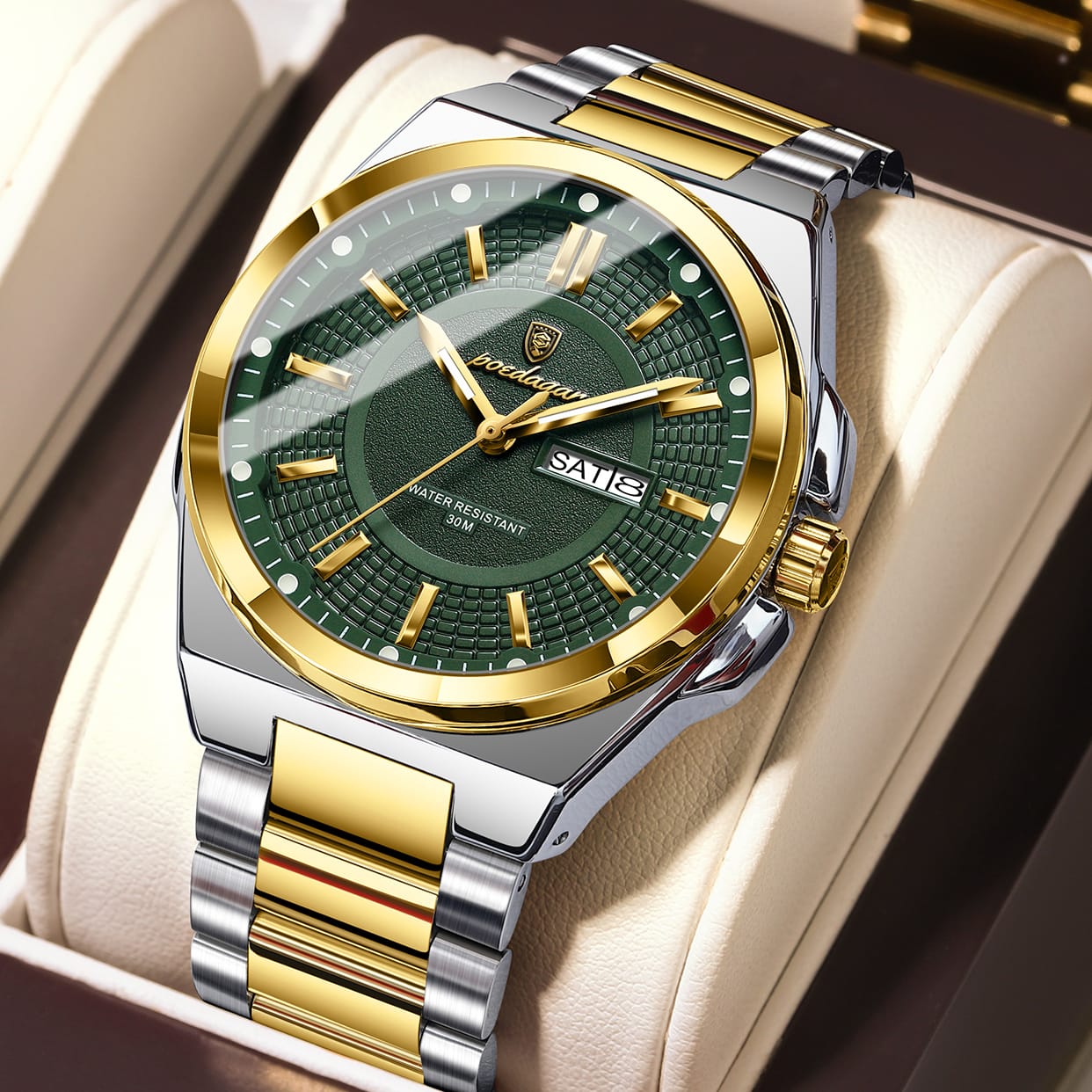 Poedagar 896 Luxury Golden Green Watch – Premium Two-Tone Men's Wristwatch | 100% Original Waterproof Watch