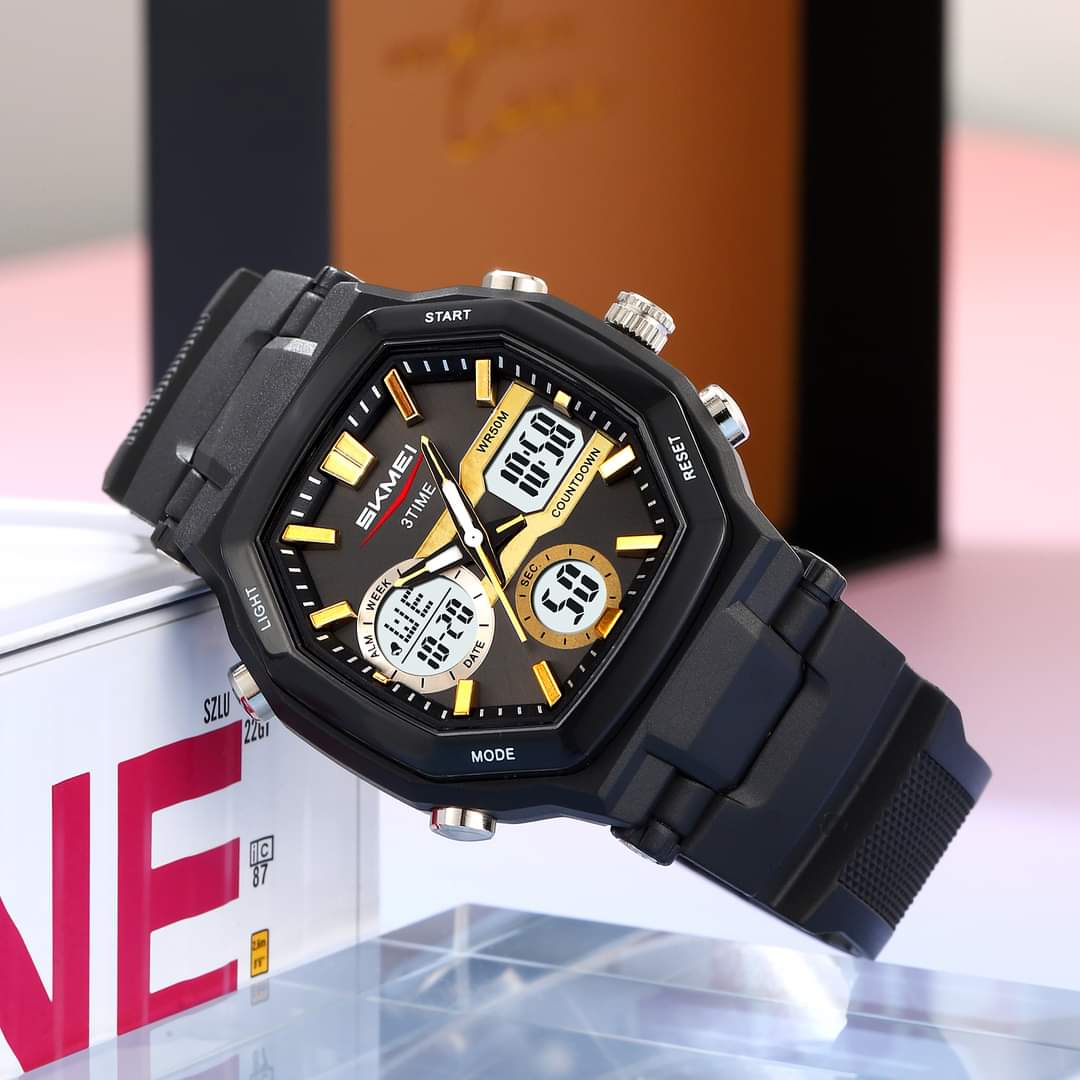 SKMEI 2389 -Golden Black Dual Time LED Light Chronograph Watch | 100% Authentic