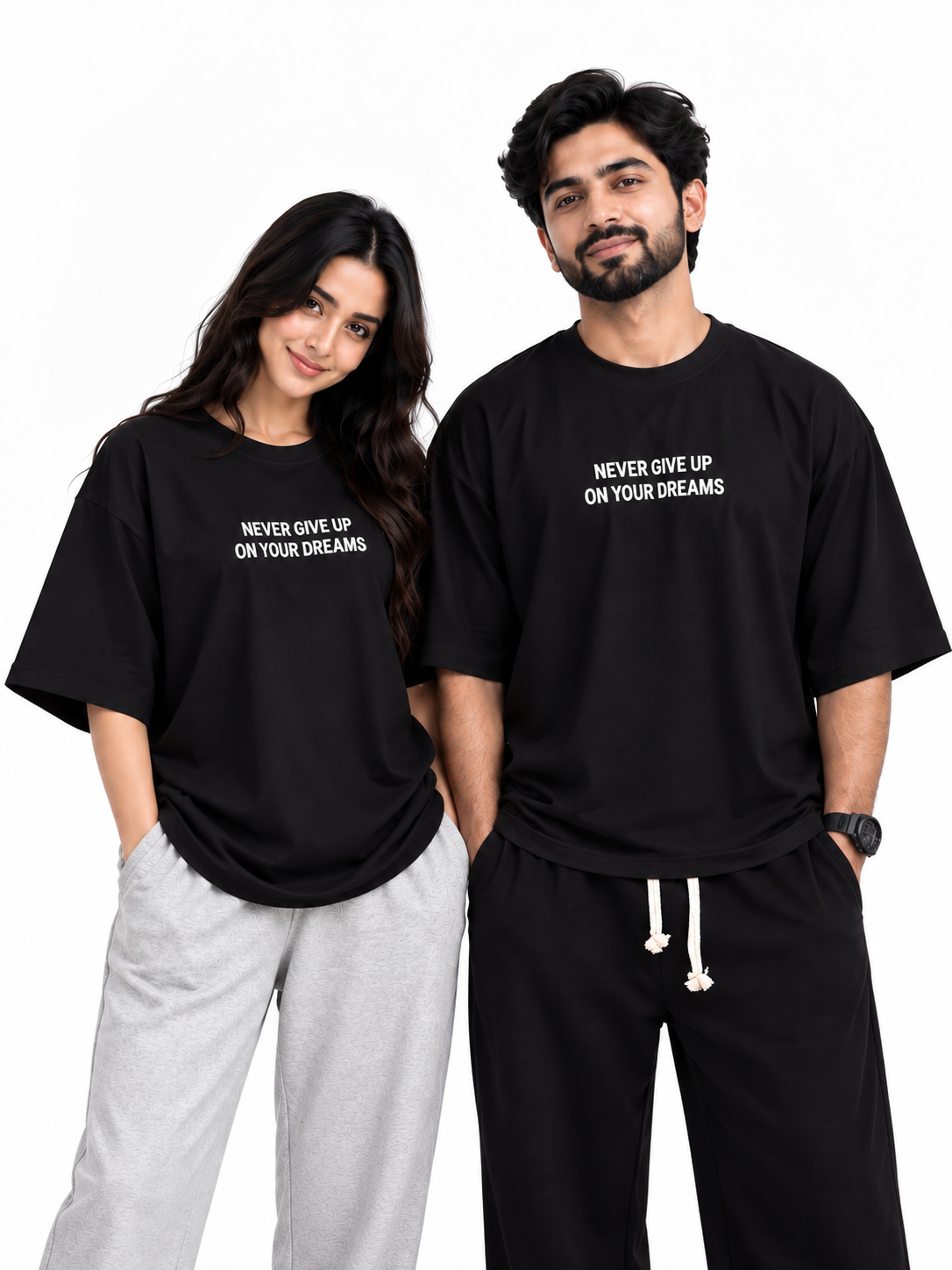Couple Drop Shoulder T-Shirt Combo | Black