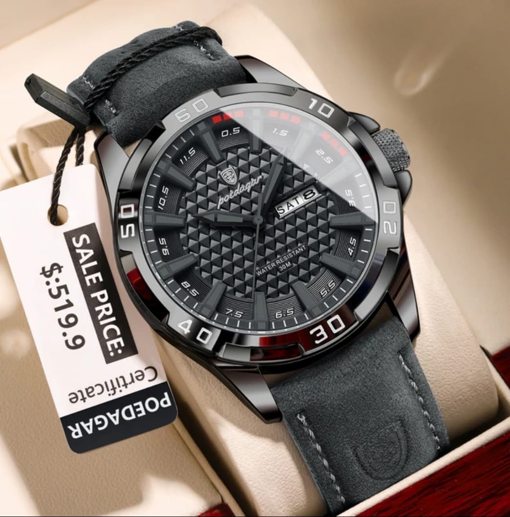 Poedagar 895 Gray Men’s Luxury Leather Watch – Stylish, Waterproof & Premium Watch