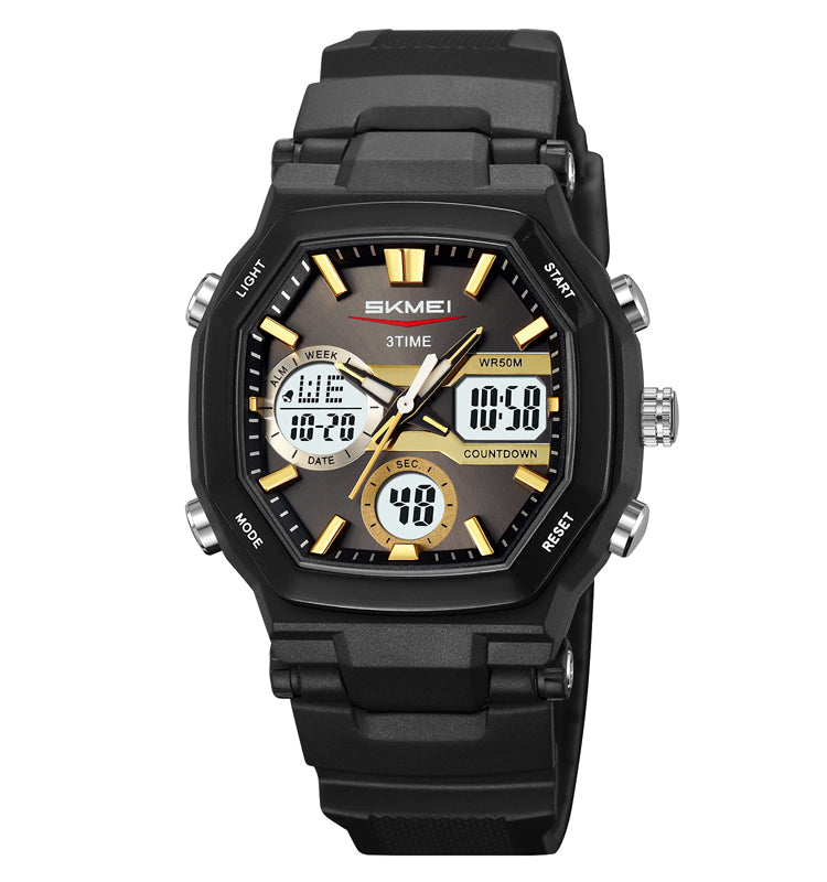 SKMEI 2389 -Golden Black Dual Time LED Light Chronograph Watch | 100% Authentic