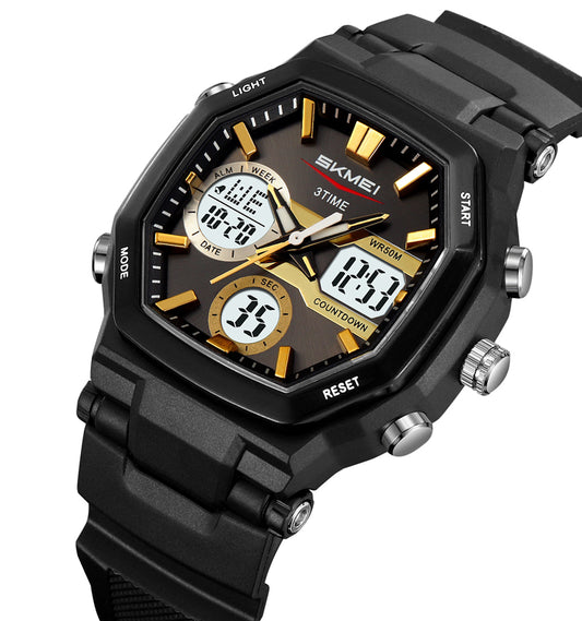 SKMEI 2389 -Golden Black Dual Time LED Light Chronograph Watch | 100% Authentic