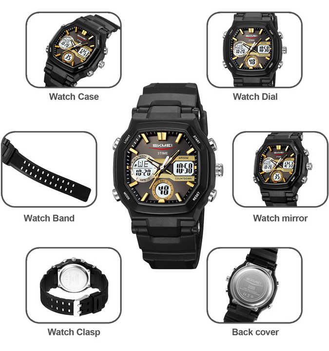 SKMEI 2389 -Golden Black Dual Time LED Light Chronograph Watch | 100% Authentic
