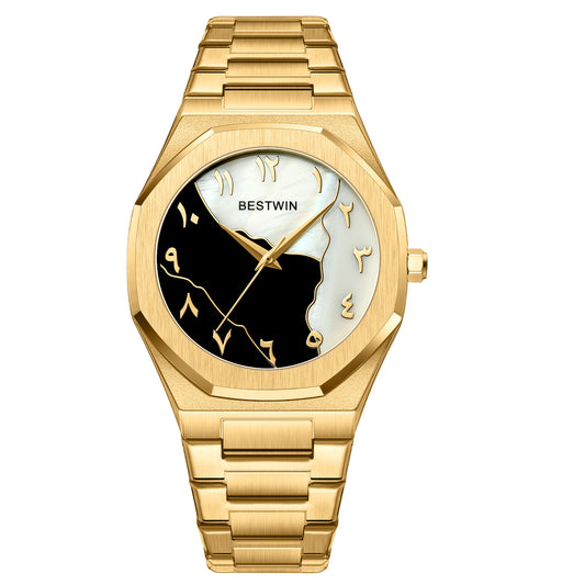 Bestwin 812BK Stainless Steel Quartz Watch for Men Arabic Dial, Luxury Design-Golden