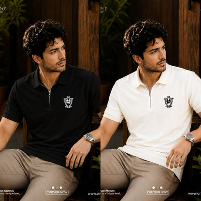 Premium China Black / White Zipper Polo | C-07