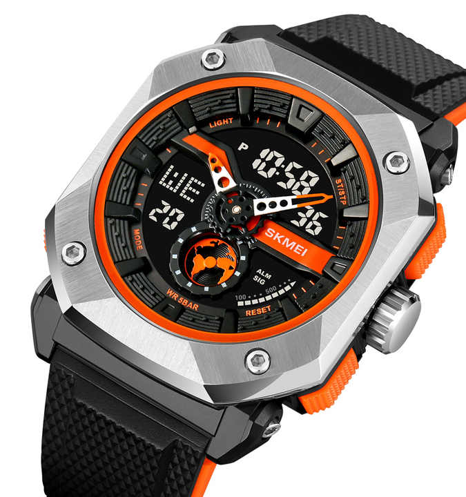 Skmei Men Digital Watch Stainless Steel Case Dual Time Sports Waterproof Watch, 2272 Black/Orange