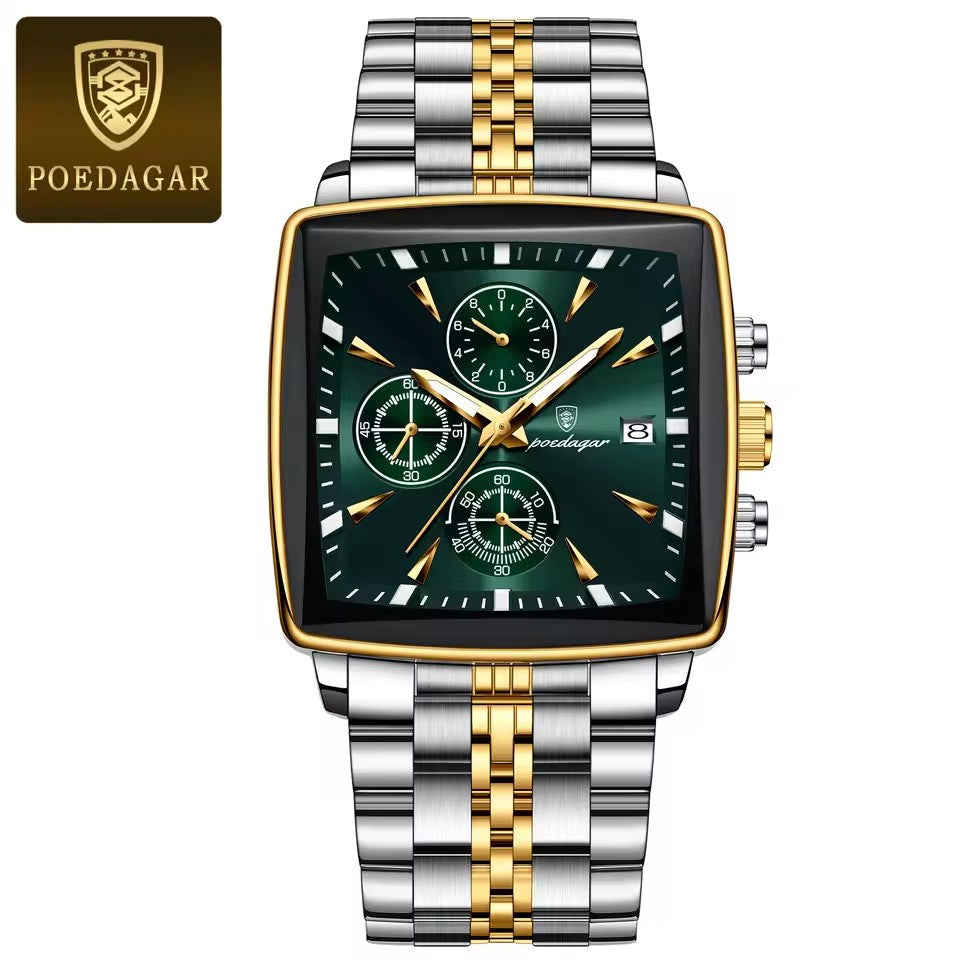 POEDAGAR 866- Golden Green | Luxury Square Chronograph Men’s Watch