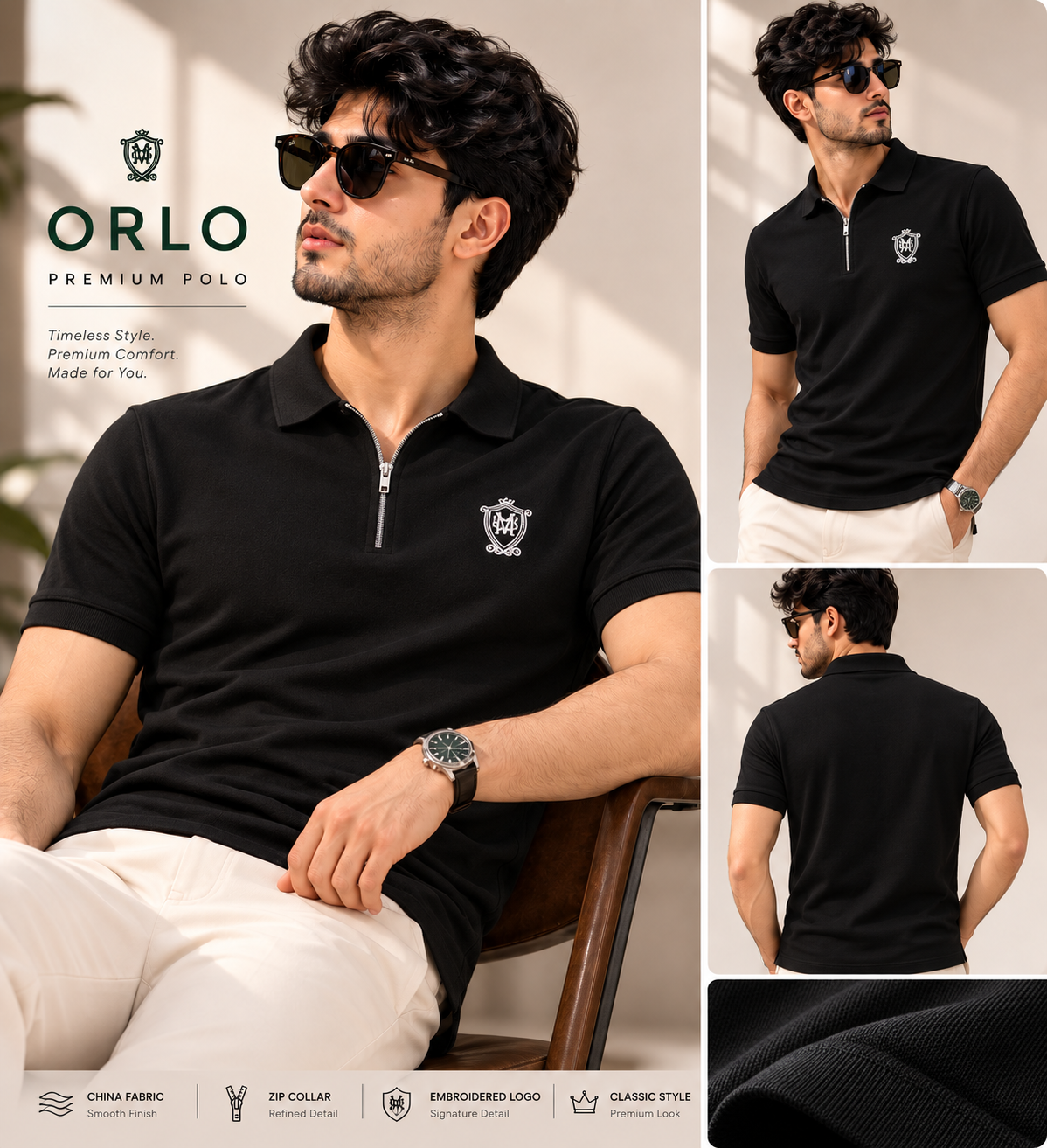 Premium China Black Zipper Polo | C-07