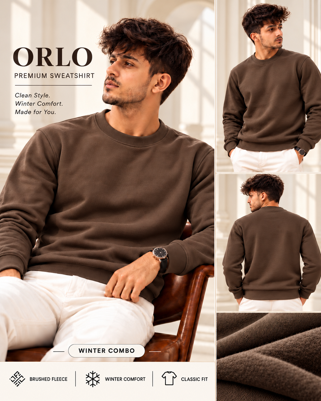 ORLO Premium Brushed Fleece Sweatshirt – Brown| C-54