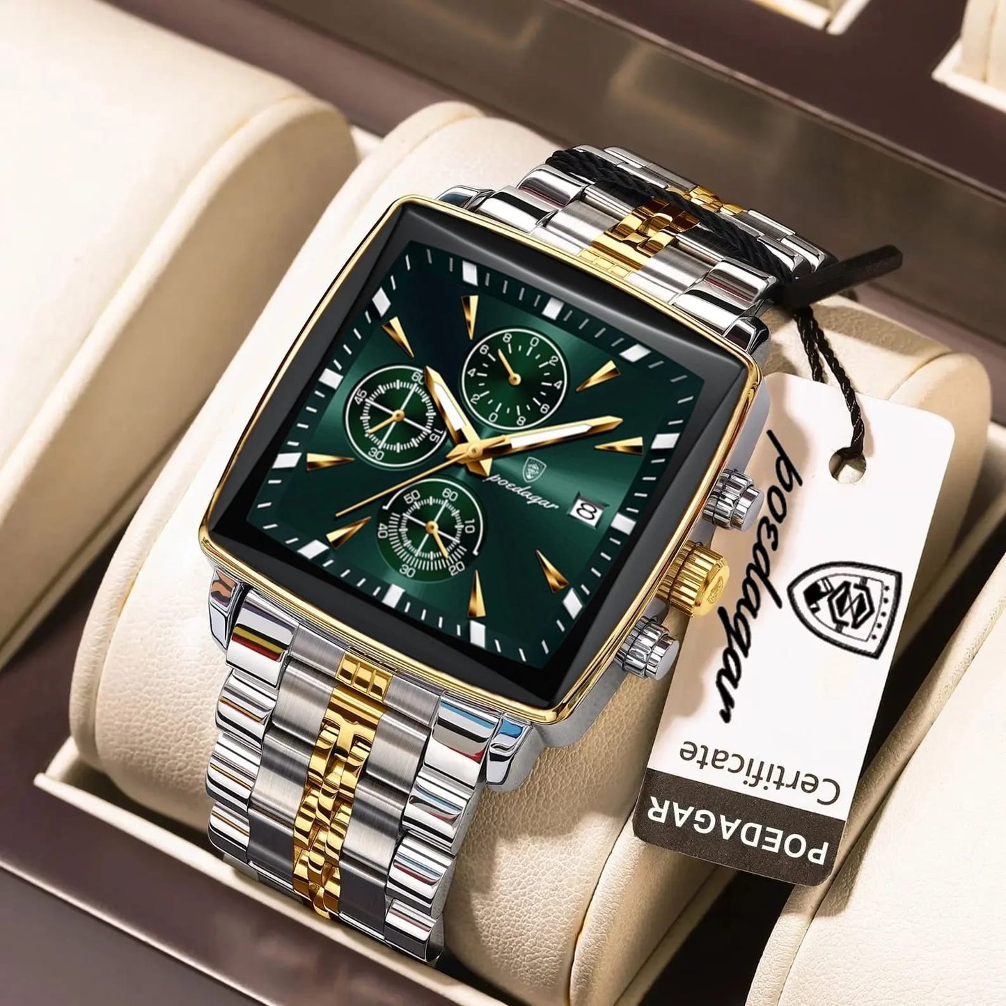 POEDAGAR 866- Golden Green | Luxury Square Chronograph Men’s Watch