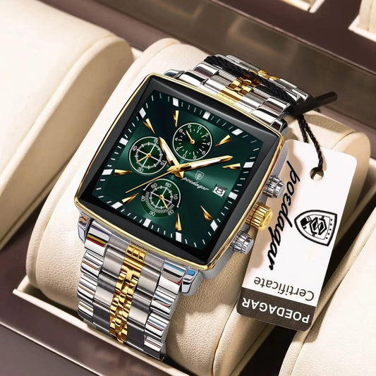 POEDAGAR 866- Golden Green | Luxury Square Chronograph Men’s Watch