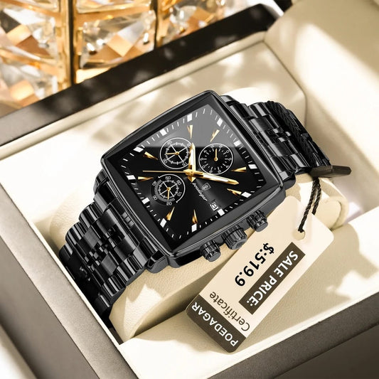 POEDAGAR 866- Black| Luxury Square Chronograph Men’s Watch