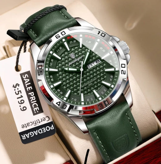 Poedagar 895 Green Men’s Luxury Leather Watch – Stylish, Waterproof & Premium Watch