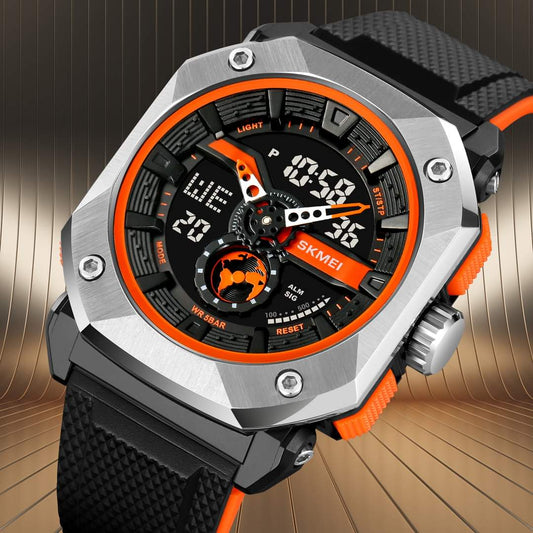 Skmei Men Digital Watch Stainless Steel Case Dual Time Sports Waterproof Watch, 2272 Black/Orange