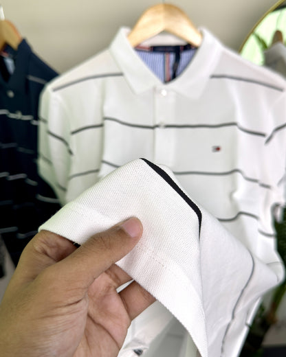 Premium Striped Polo Shirt – White | C-19