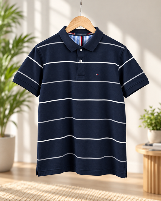 Premium Striped Polo Shirt – Nevy blue| C-19