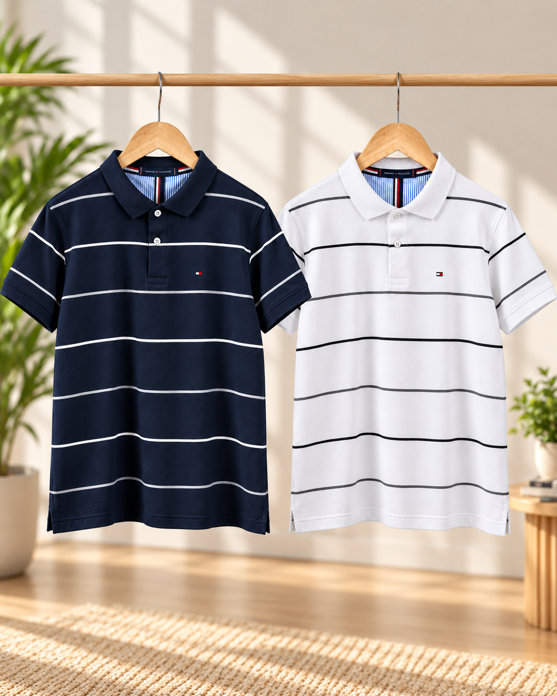 Premium Striped Polo Shirt –White &  Nevy blue| Combo-19