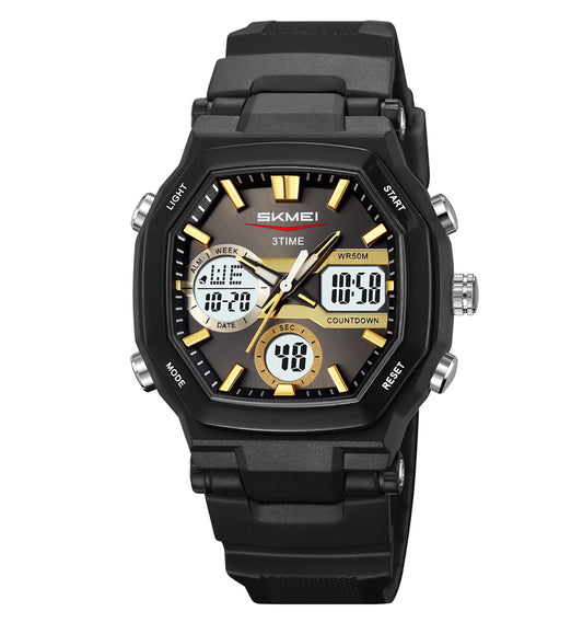 SKMEI 2389 -Golden Black Dual Time LED Light Chronograph Watch | 100% Authentic