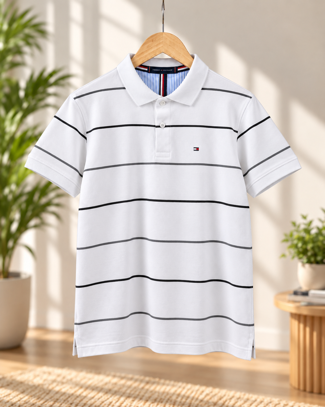 Premium Striped Polo Shirt – White | C-19